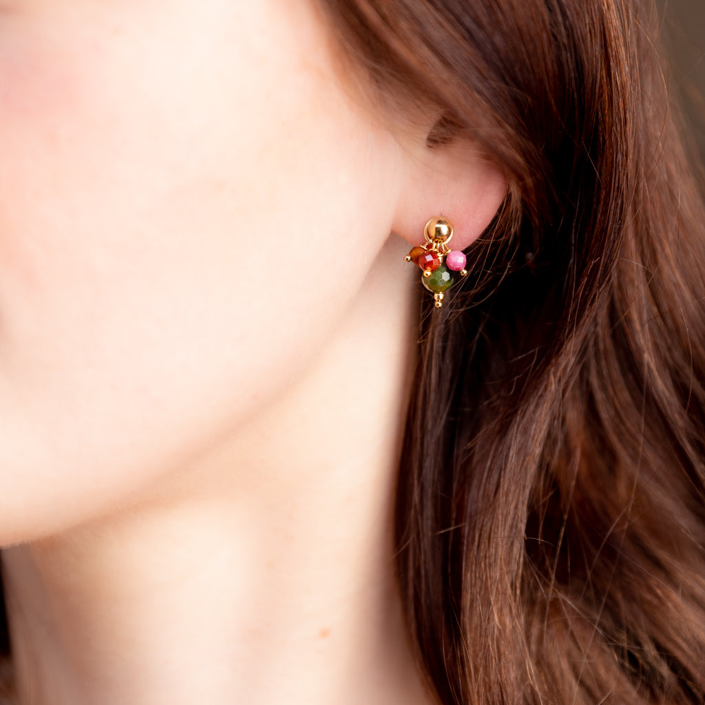 The Bia Goddess - Garnet Tourmaline Amber Jade Gold Removable Cluster Stud Earrings
