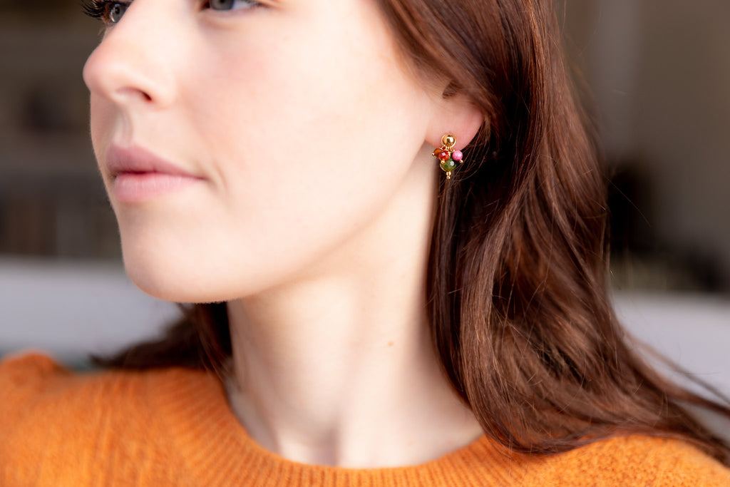 The Bia Goddess - Garnet Tourmaline Amber Jade Gold Removable Cluster Stud Earrings