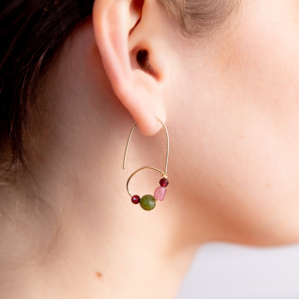 The Athena Goddess - Garnet Ruby Jade Tourmaline Gold Asymmetrical Earrings