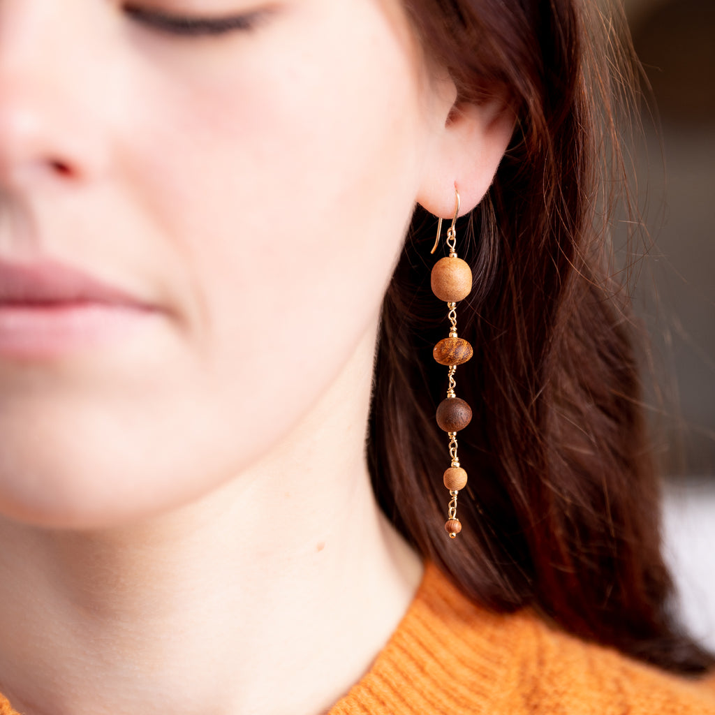 The Druantia Goddess - Arbutus, Black Locust, Walnut, Rosewood Gold Dangle Earrings