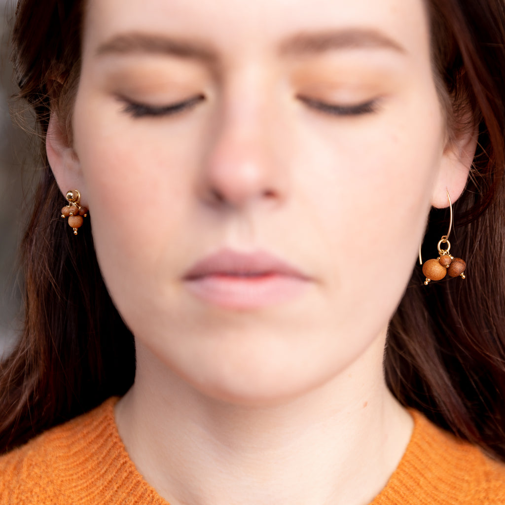 The Cybele Goddess - Arbutus Walnut Rosewood Gold Asymmetrical Earrings