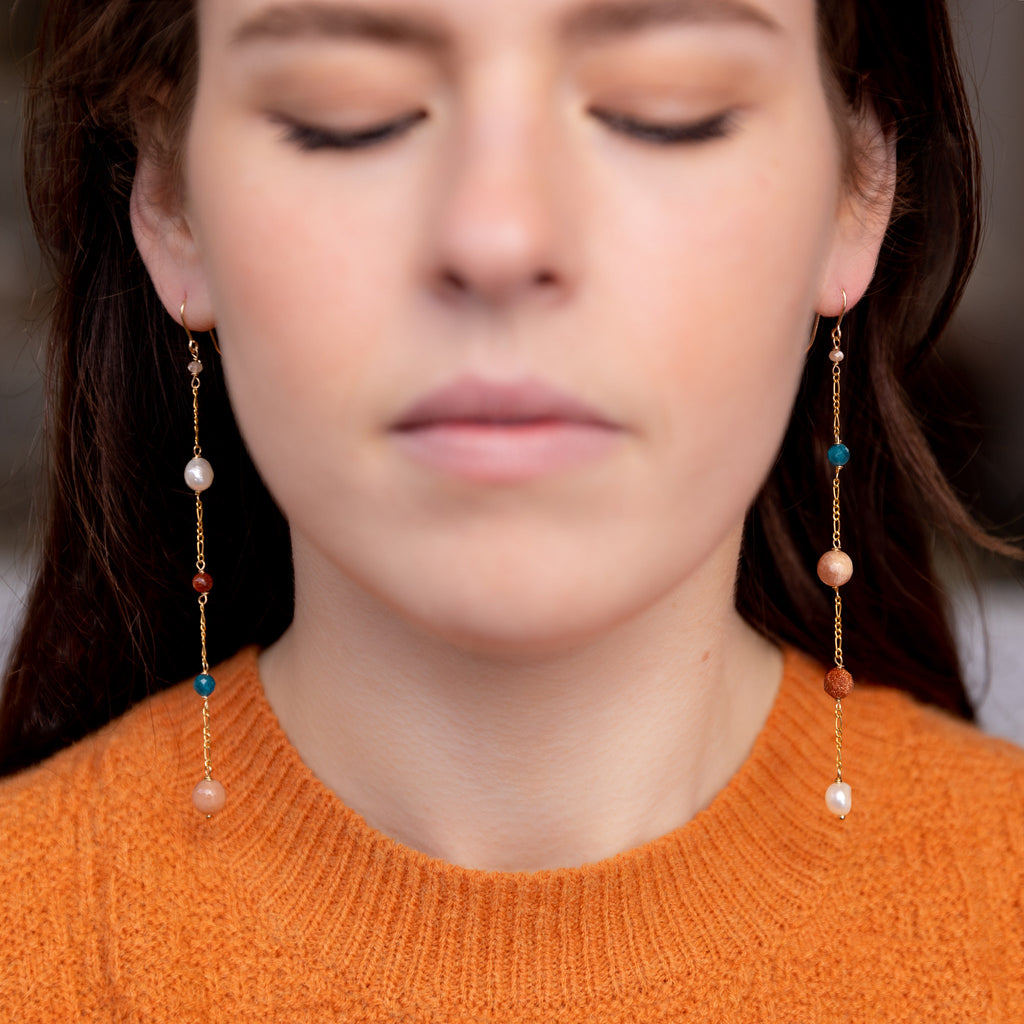 The Peitho Goddess - Asymmetrical Pearl Sunstone Goldstone Moonstone Apatite Gold Long Dangle Earrings
