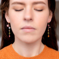 The Flora Goddess - Smoky Quartz Aquamarine Guava Quartz Ruby Jade Amethyst Tourmaline Amber Citrine Prehnite Gold Dangle Earrings