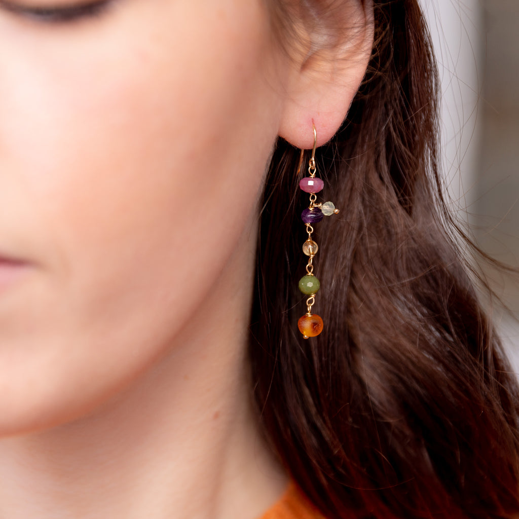 The Flora Goddess - Smoky Quartz Aquamarine Guava Quartz Ruby Jade Amethyst Tourmaline Amber Citrine Prehnite Gold Dangle Earrings
