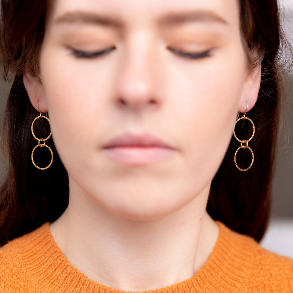 The Nike Goddess - Gold Hammered Double Circle Earrings