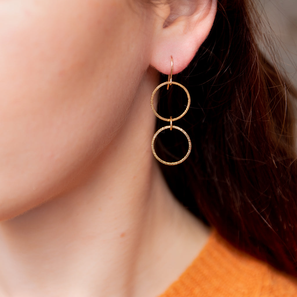 The Nike Goddess - Gold Hammered Double Circle Earrings