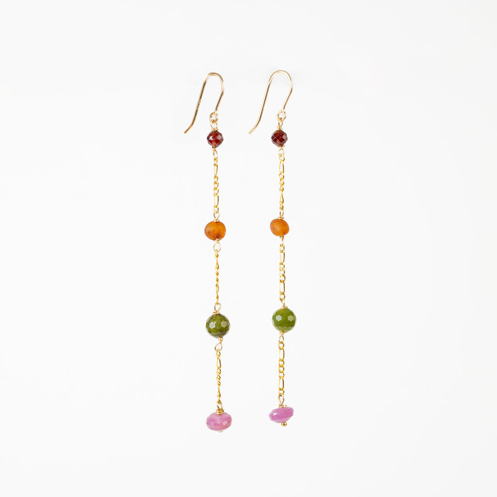 The Eileithyia Goddess - Garnet Ruby Jade Amber Gold Long Dangle Earrings