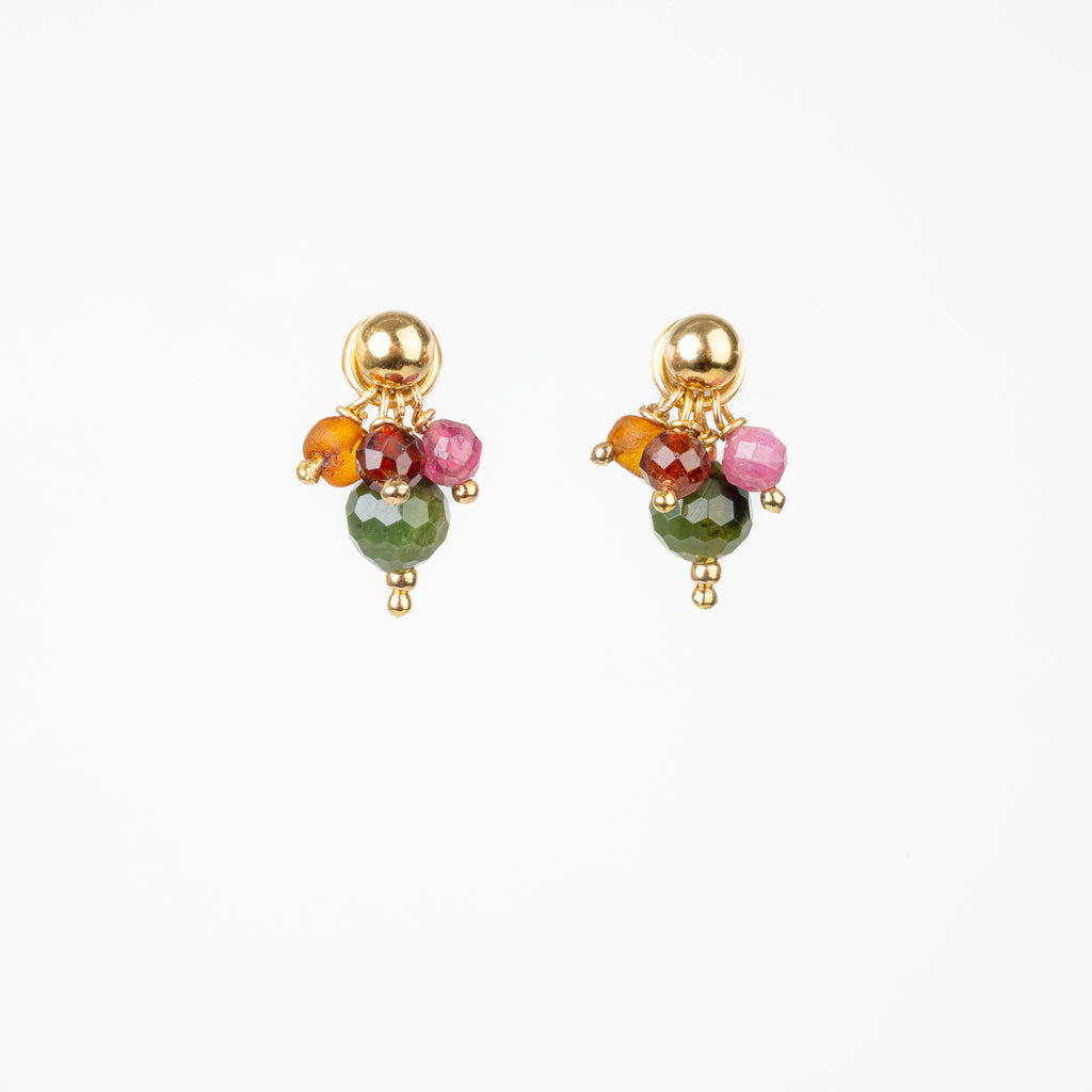 The Bia Goddess - Garnet Tourmaline Amber Jade Gold Removable Cluster Stud Earrings