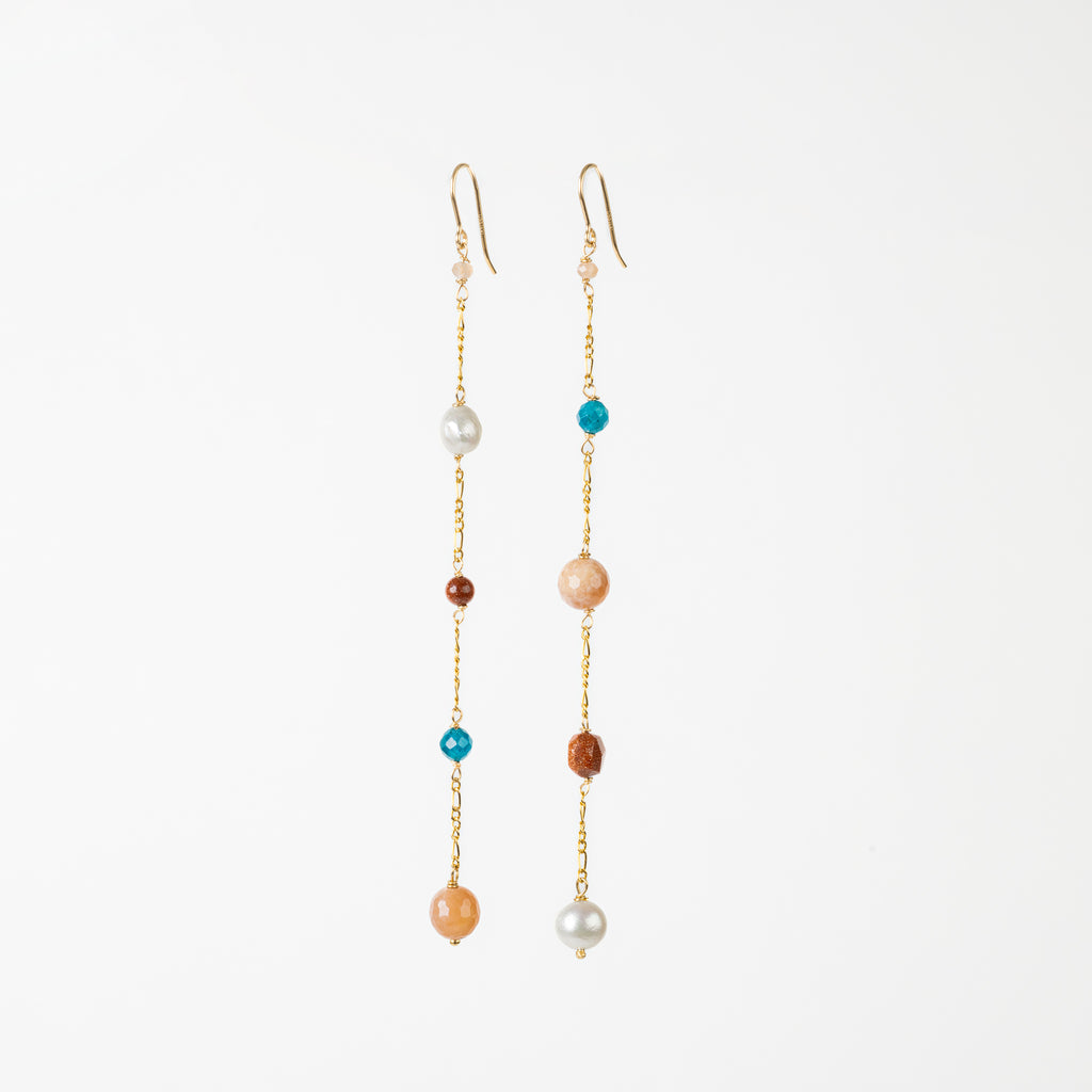 The Peitho Goddess - Asymmetrical Pearl Sunstone Goldstone Moonstone Apatite Gold Long Dangle Earrings