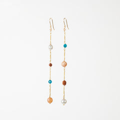 The Peitho Goddess - Asymmetrical Pearl Sunstone Goldstone Moonstone Apatite Gold Long Dangle Earrings