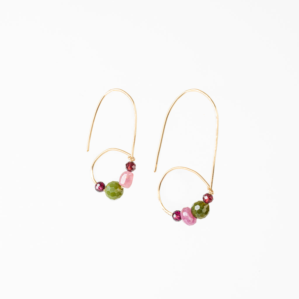 The Athena Goddess - Garnet Ruby Jade Tourmaline Gold Asymmetrical Earrings