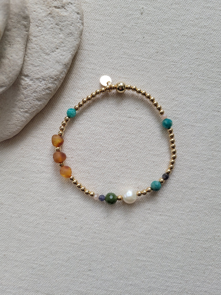 The Amazon - Gold , Amazonite, Amber, Jade, Iolite, Moonstone, Pearl Bracelet