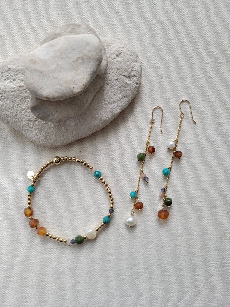 The Amazon - Gold , Amazonite, Amber, Jade, Iolite, Moonstone, Pearl Bracelet