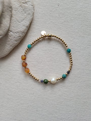 The Amazon - Gold , Amazonite, Amber, Jade, Iolite, Moonstone, Pearl Bracelet
