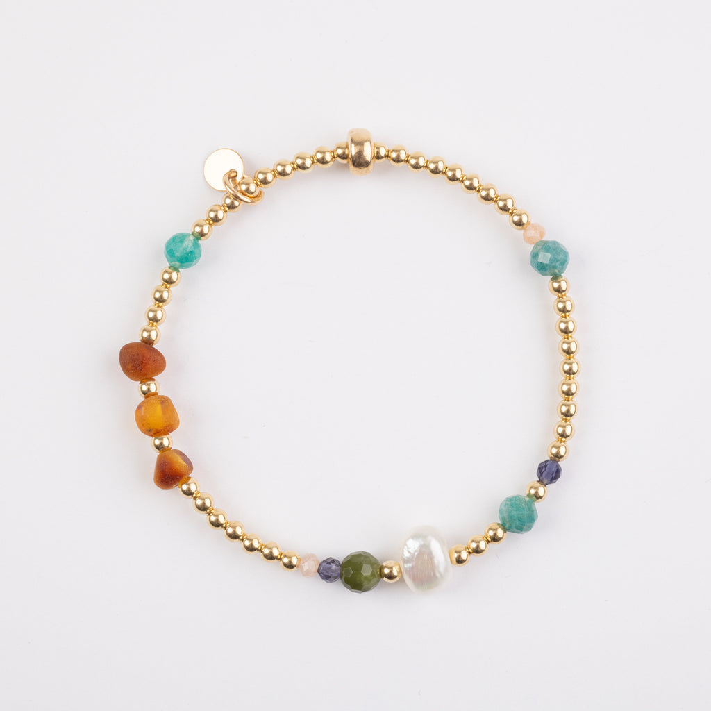 The Amazon - Gold , Amazonite, Amber, Jade, Iolite, Moonstone, Pearl Bracelet