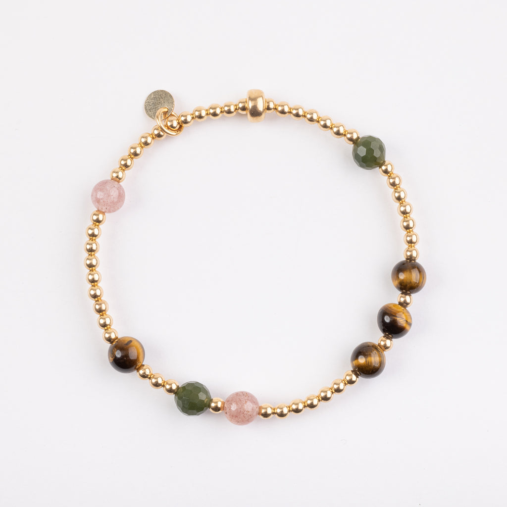 The Jungle - Tiger's Eye, Strawberry Quartz, BC Jade Gold Bracelet