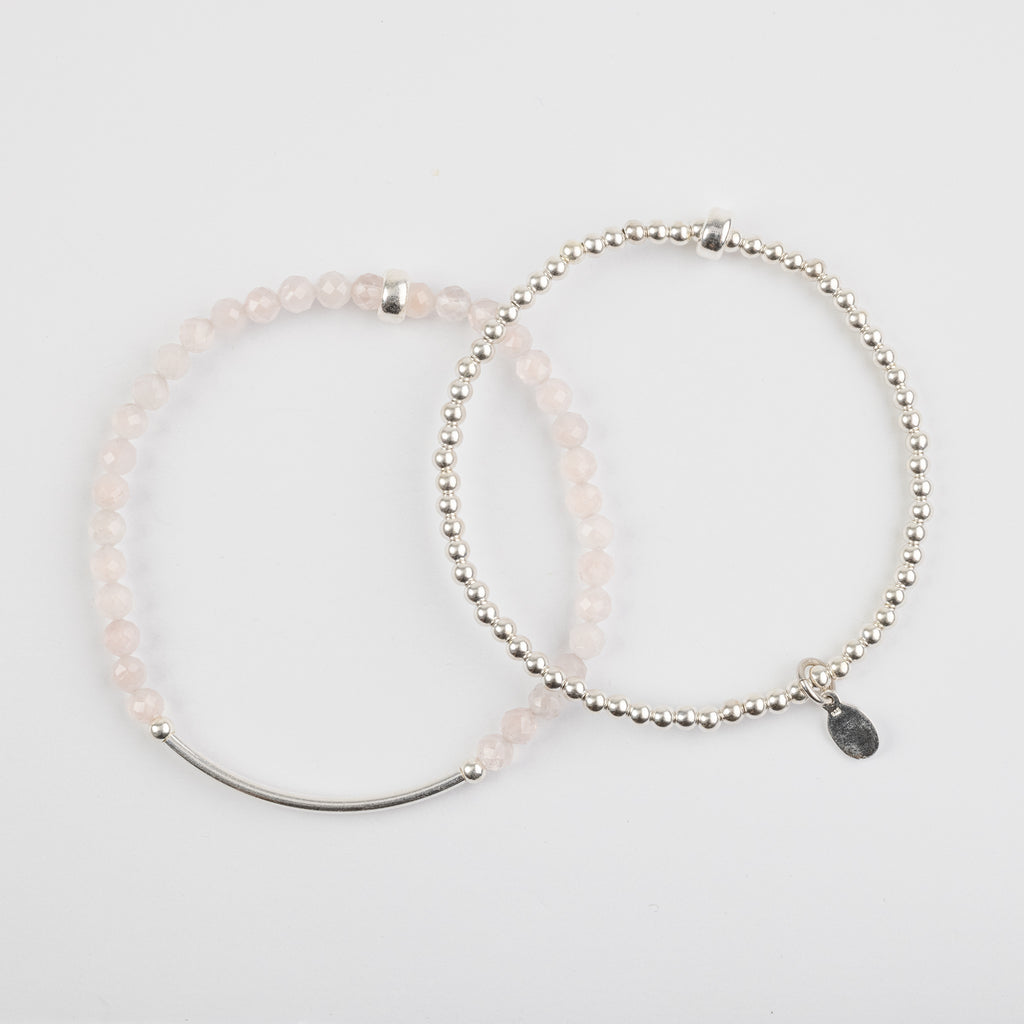 The Monica - 4mm Rose Quartz, Silver Bracelet 2 Stack