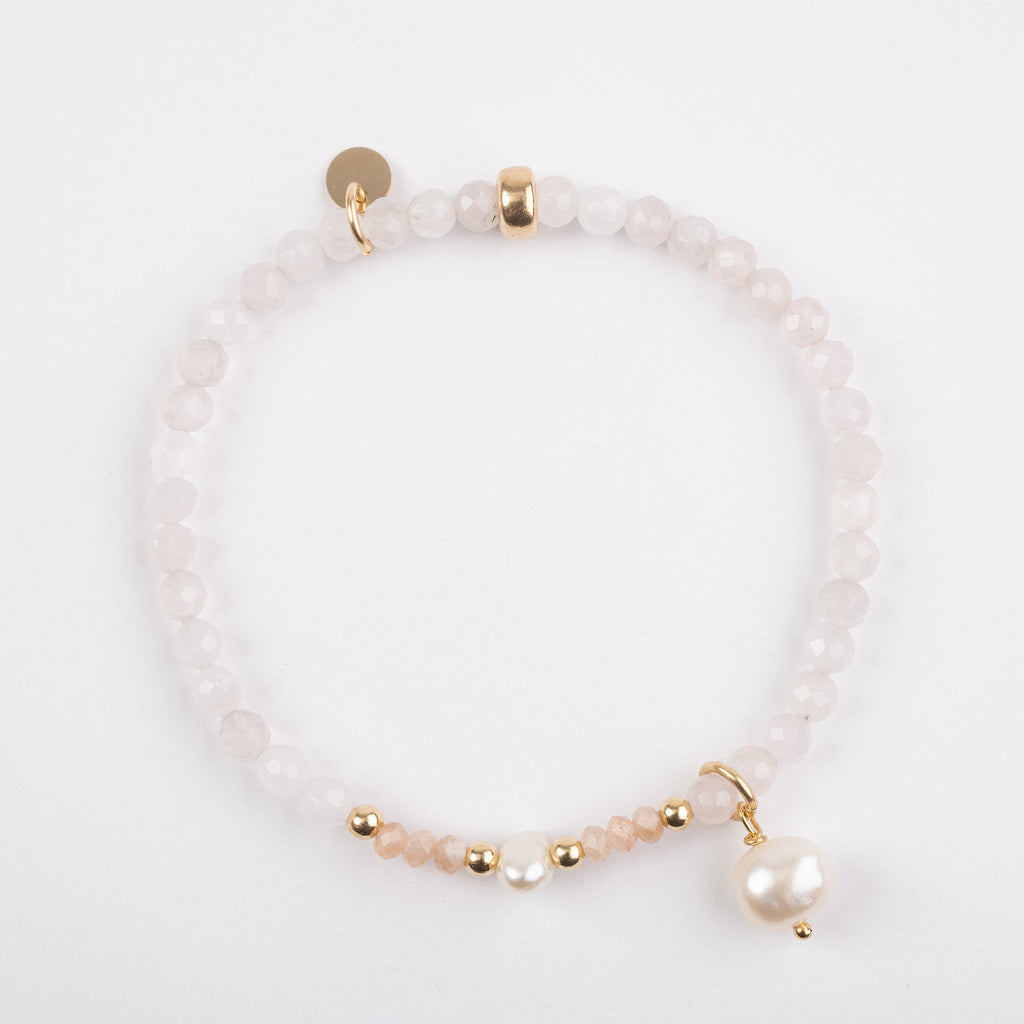 The Lovely - 4mm Rose Quartz, Pearl, Moonstone Gold Bracelet