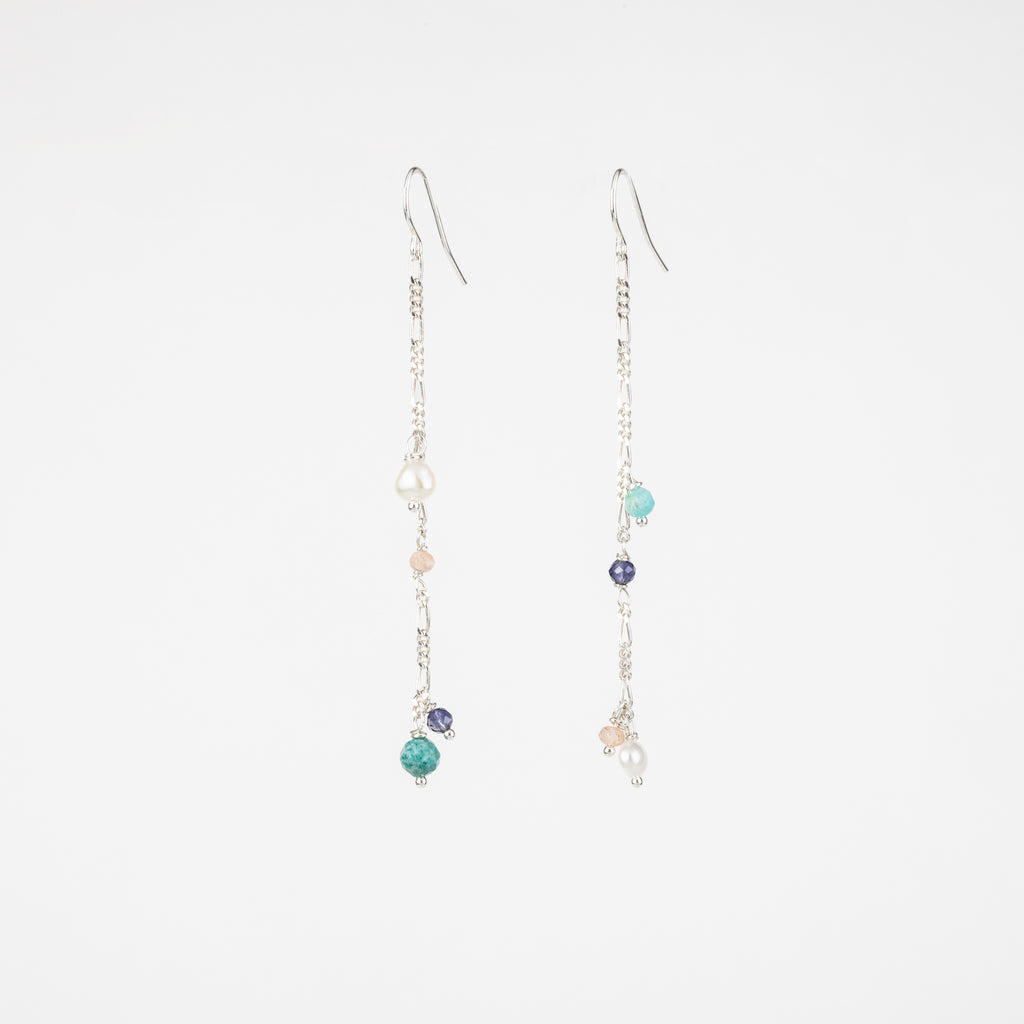 The Bella - Amazonite, Pearl, Iolite, Moonstone Asymmetrical Silver Dangle Earrings