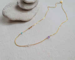 The Provence Lavender - Amazonite Amethyst Moonstone Scattered Gemstone Gold Necklace