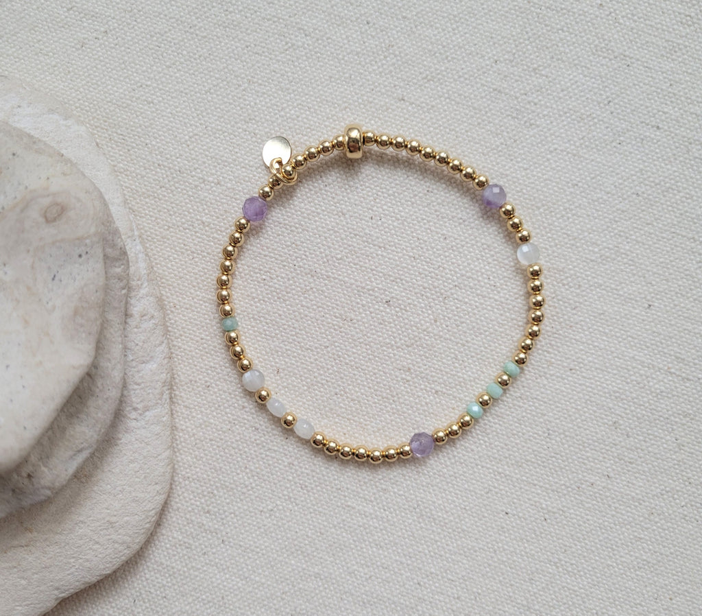 The Provence Lavender - Amethyst Moonstone amazonite  Multi Gem Gold Bracelet
