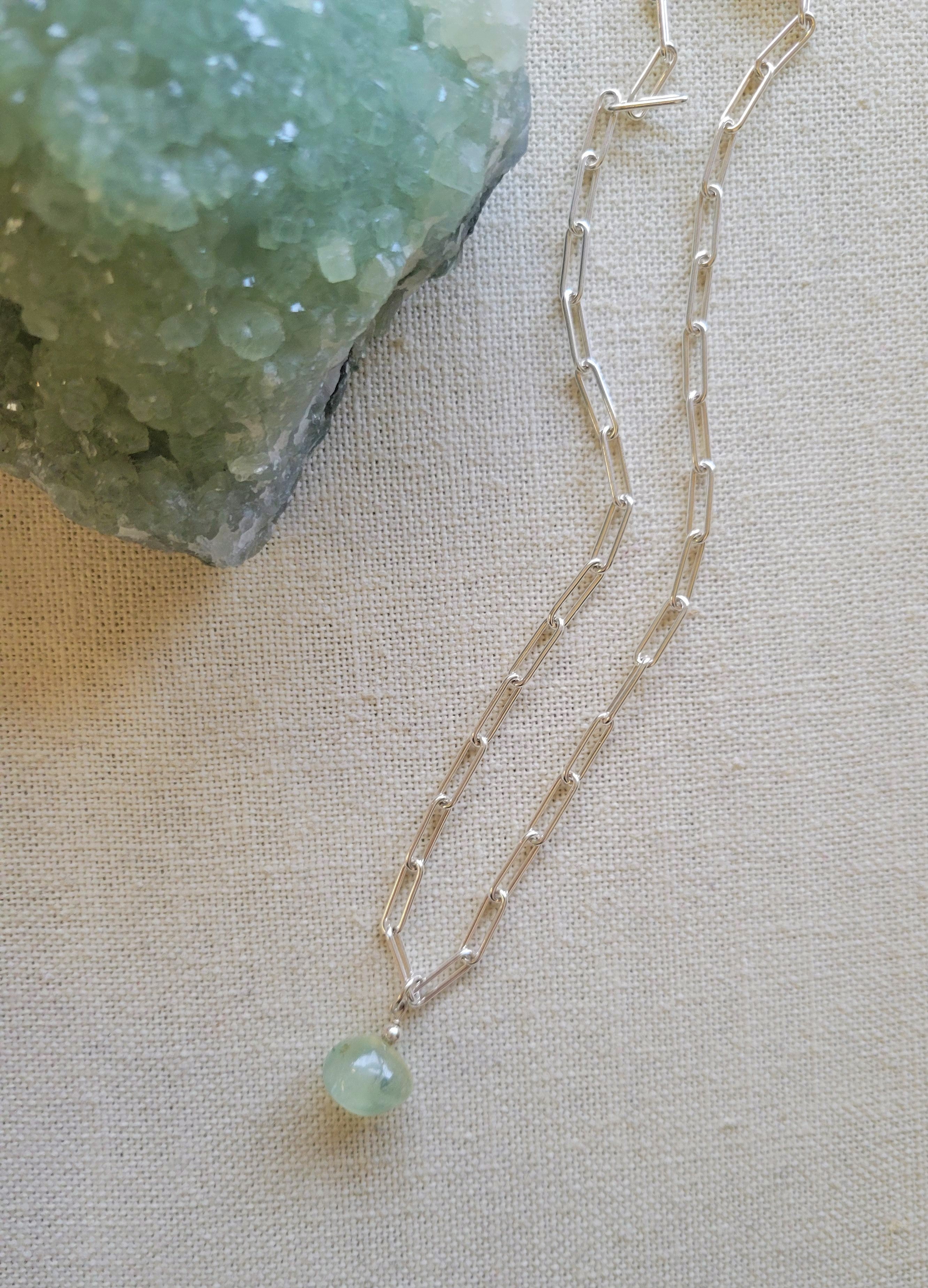 The Classic Minimal Gem -  Silver Prehnite Paperclip Chain Necklace