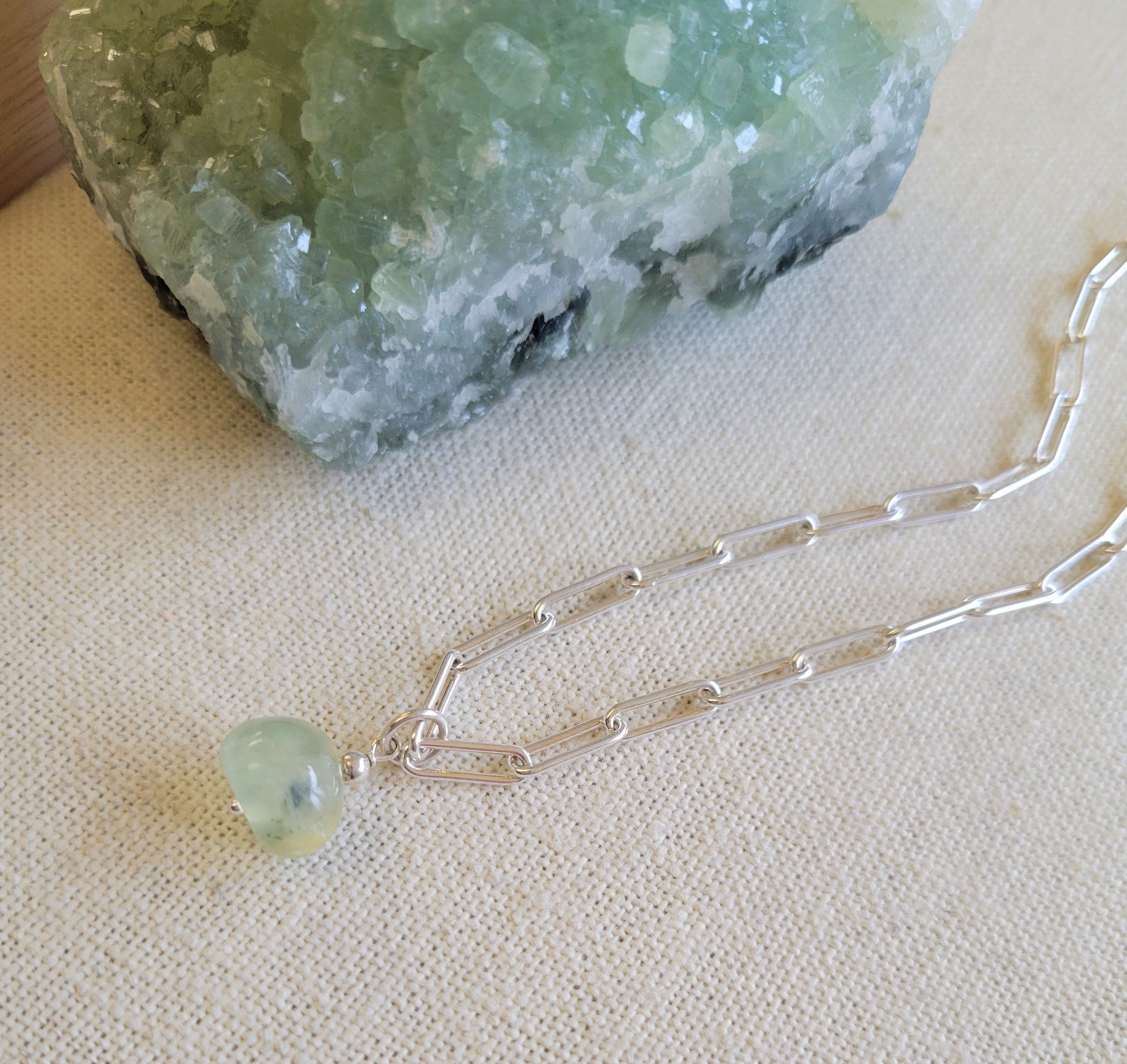 The Classic Minimal Gem -  Silver Prehnite Paperclip Chain Necklace