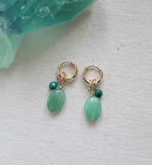 The Double Green Gold - Aventurine Malachite Removable Charm Hoop Earrings