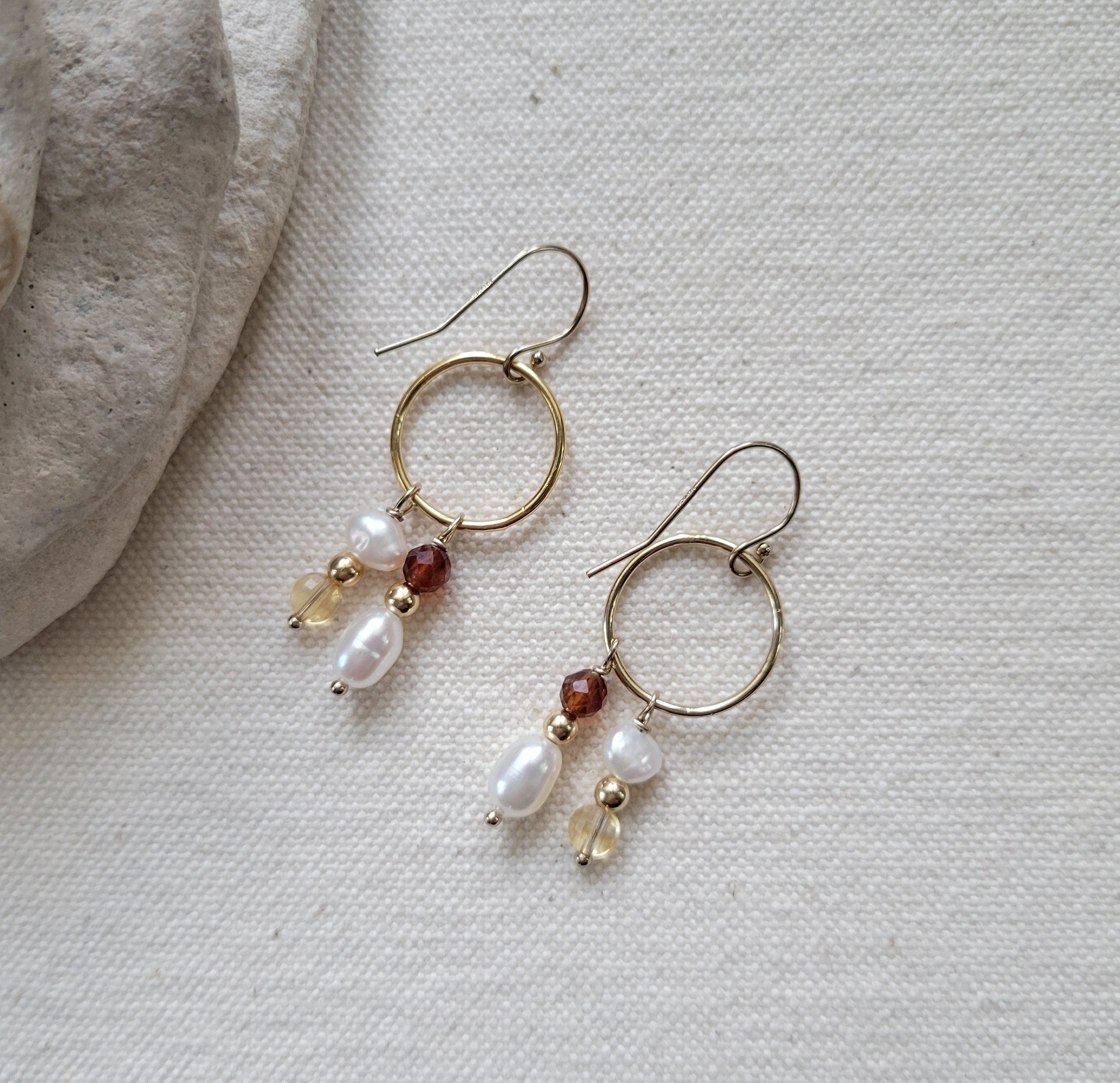 The Playful Gems -  Gold Pearl Garnet Citrine Circle Hook Earrings