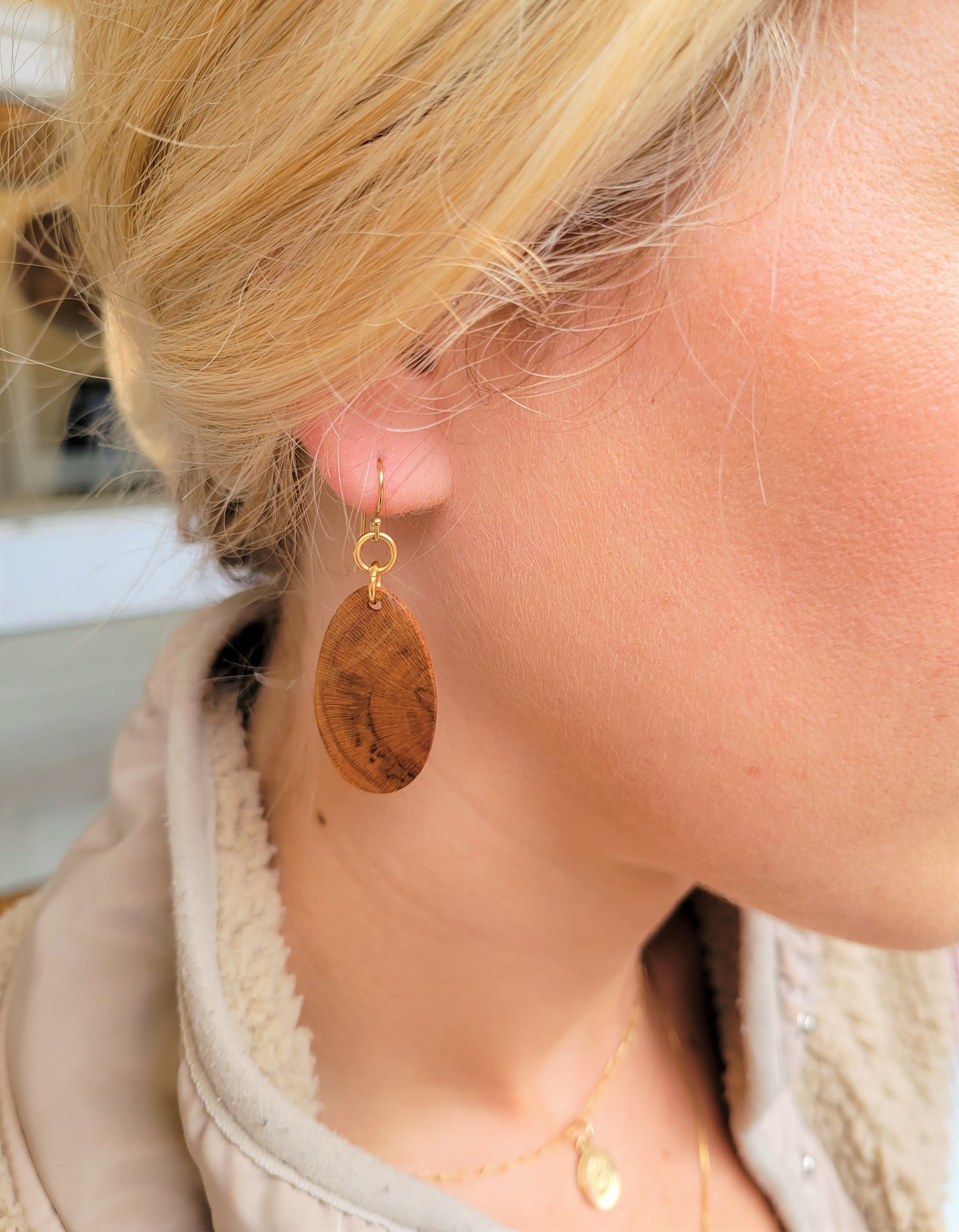 The Mielikki Goddess - Medium Cherrywood Oval Gold Hook Earrings