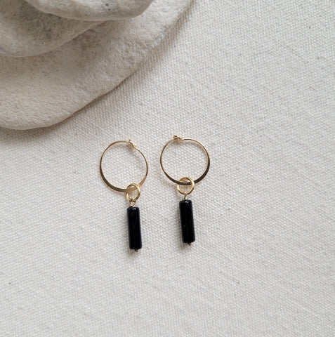 The Cylinder Onyx - Cylinder Onyx  Gold Hoop Removable Charm Earrings