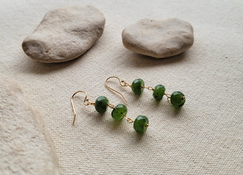 Triple Jade Gold Dangle Hook Earrings