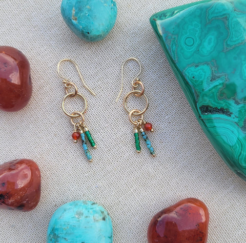 The Tribe - Triple Charm Triple Circle Gold Dangle Hook Earrings Glass Seed Bead Carnelian Earrings