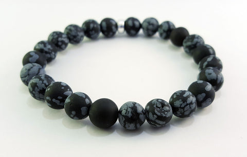 8mm Snowflake Obsidian Silver Bracelet