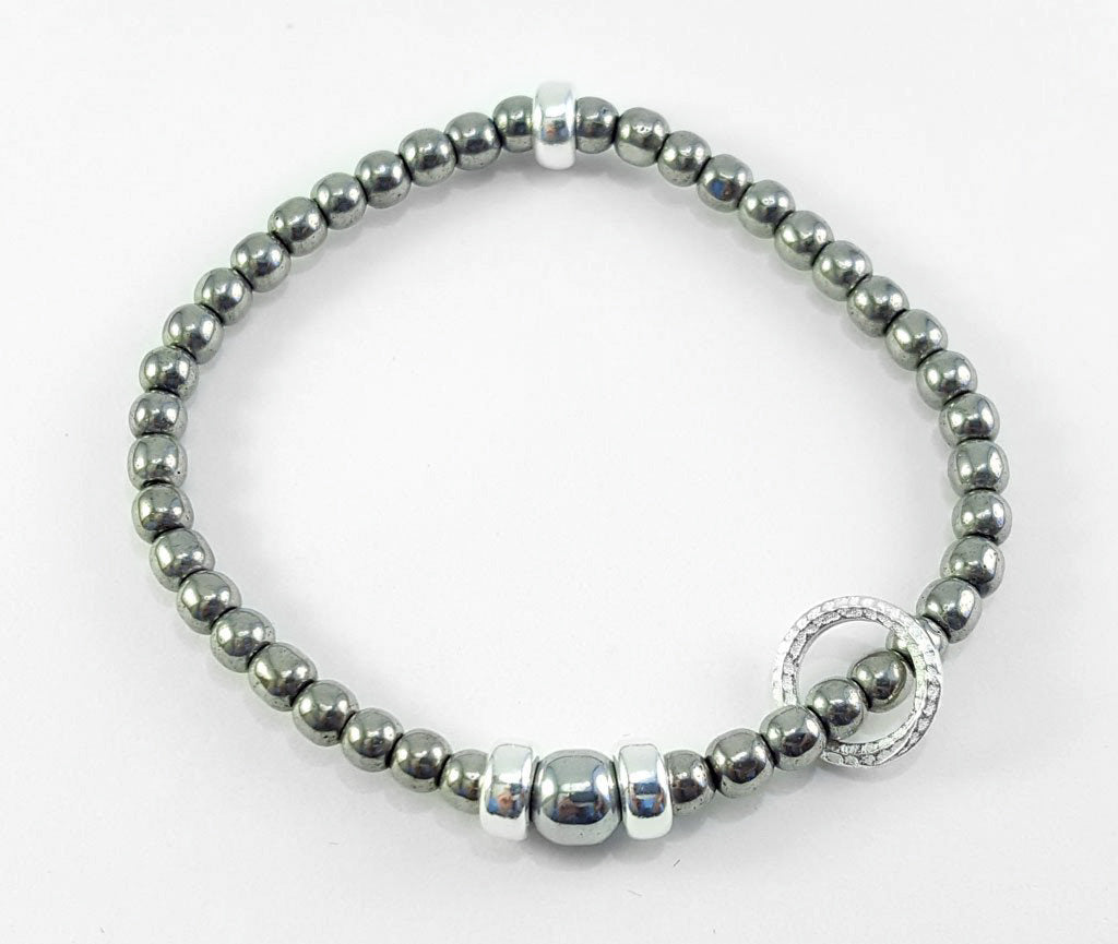 4mm Silver Hematite with Silver Floating Circle Bracelet