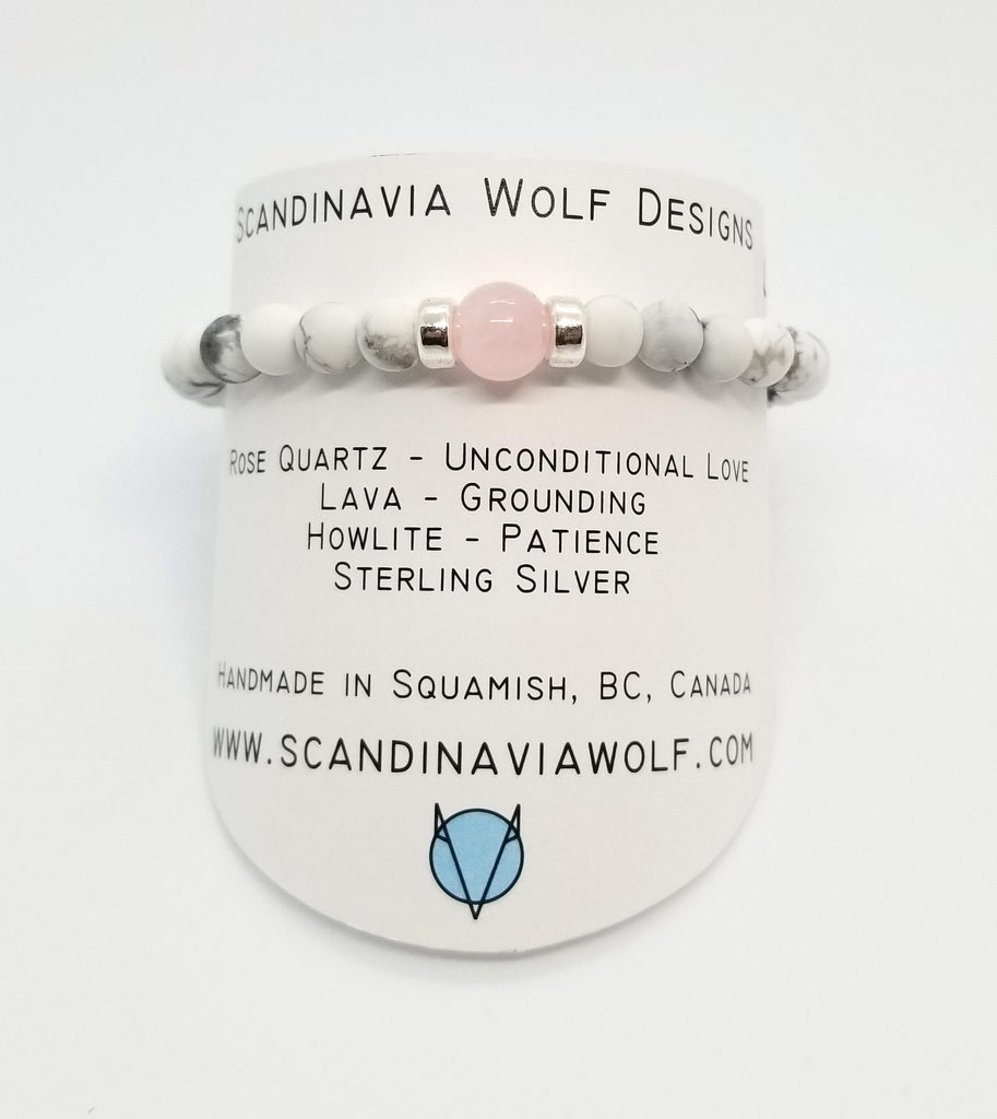 Rose Quartz, Lava, Howlite, Silver Combo Bracelet