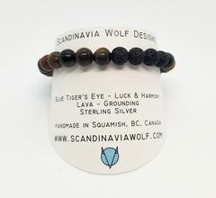 8mm Blue Tiger's Eye, Lava and Silver Bracelet