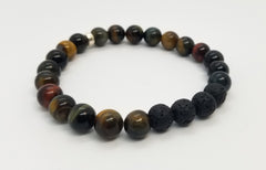 8mm Blue Tiger's Eye, Lava and Silver Bracelet