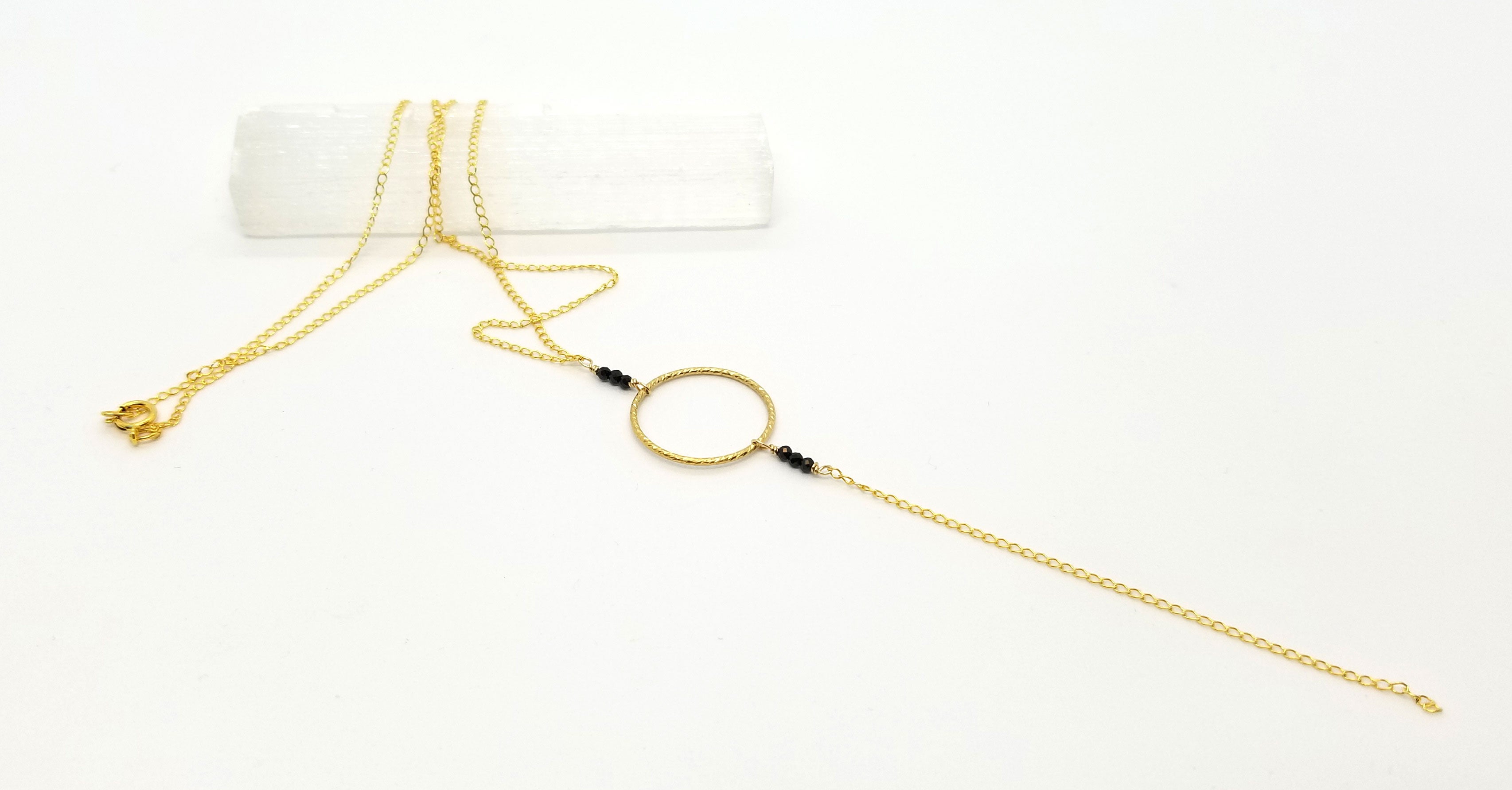 Black Spinel Circle Dangle Gold Chain Necklace