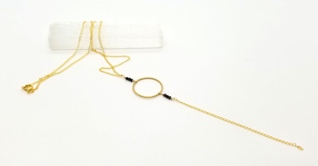 Black Spinel Circle Dangle Gold Chain Necklace