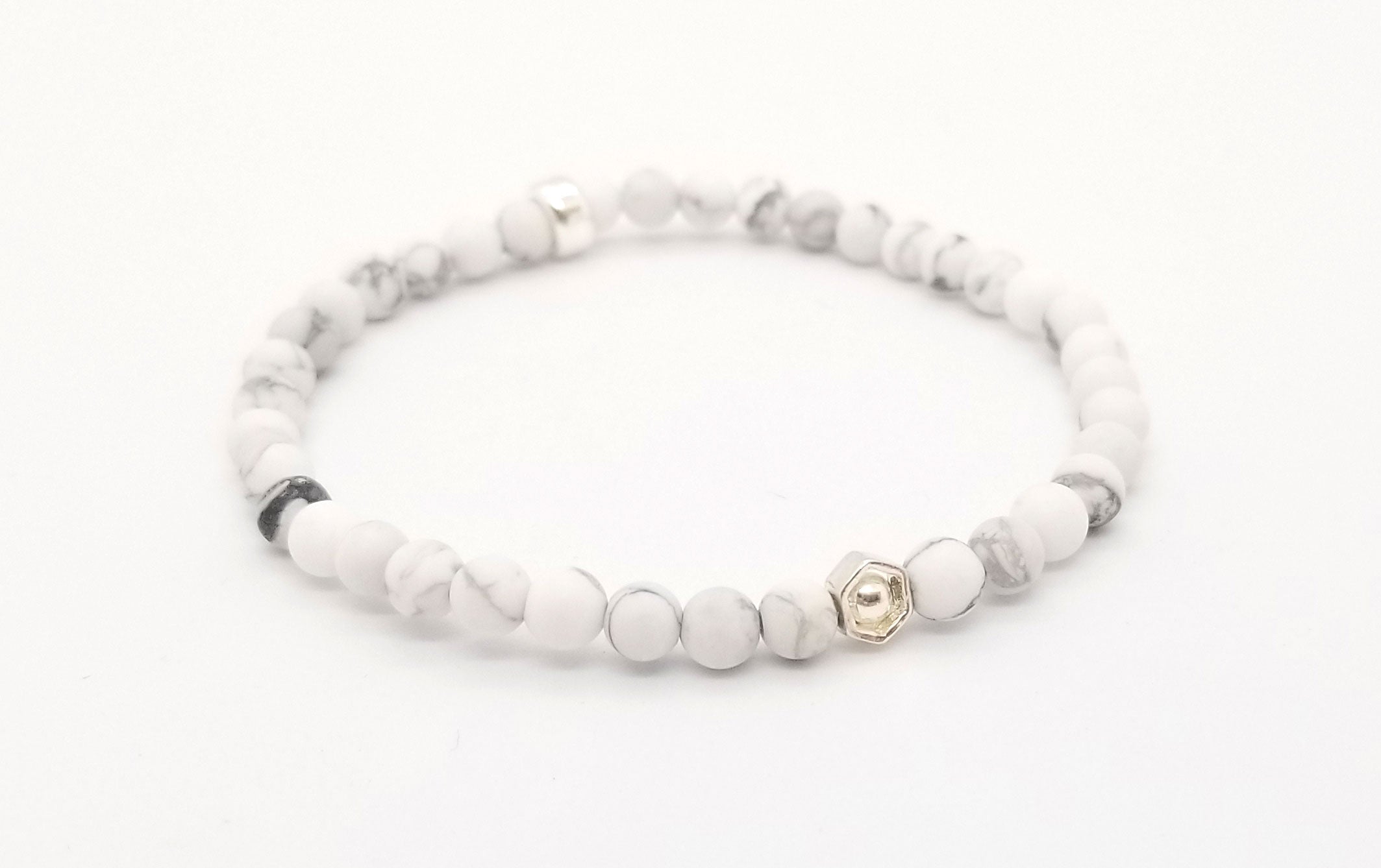4mm Matte Howlite Silver Hexagon Bracelet