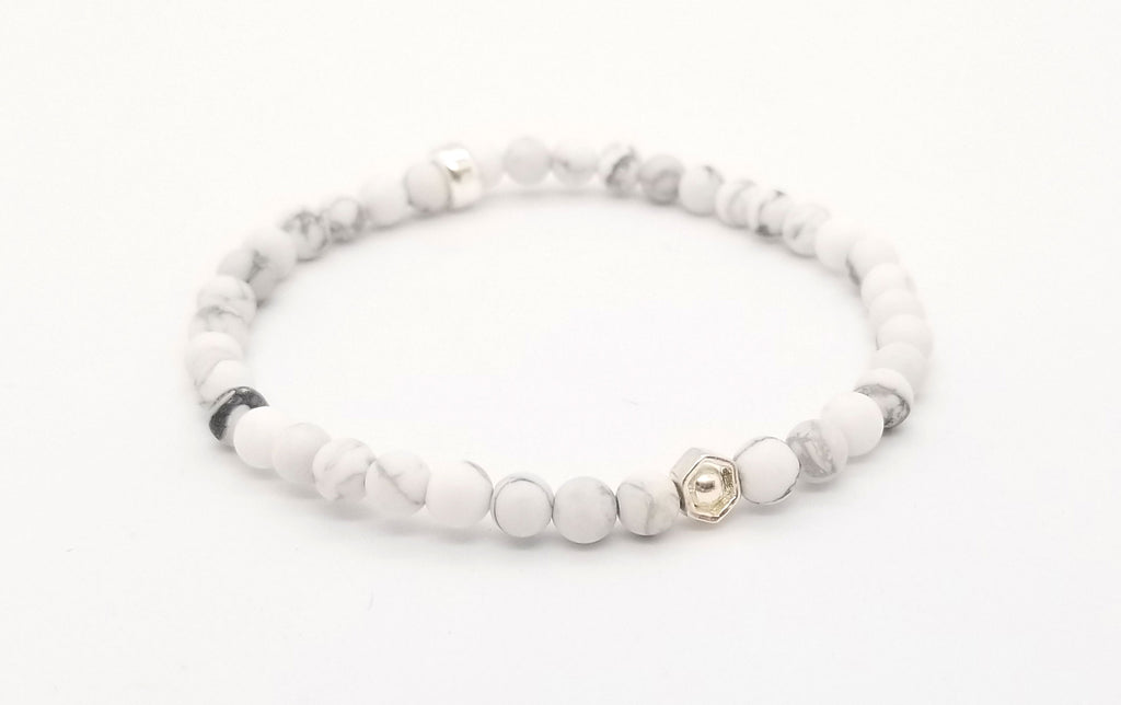 4mm Matte Howlite Silver Hexagon Bracelet