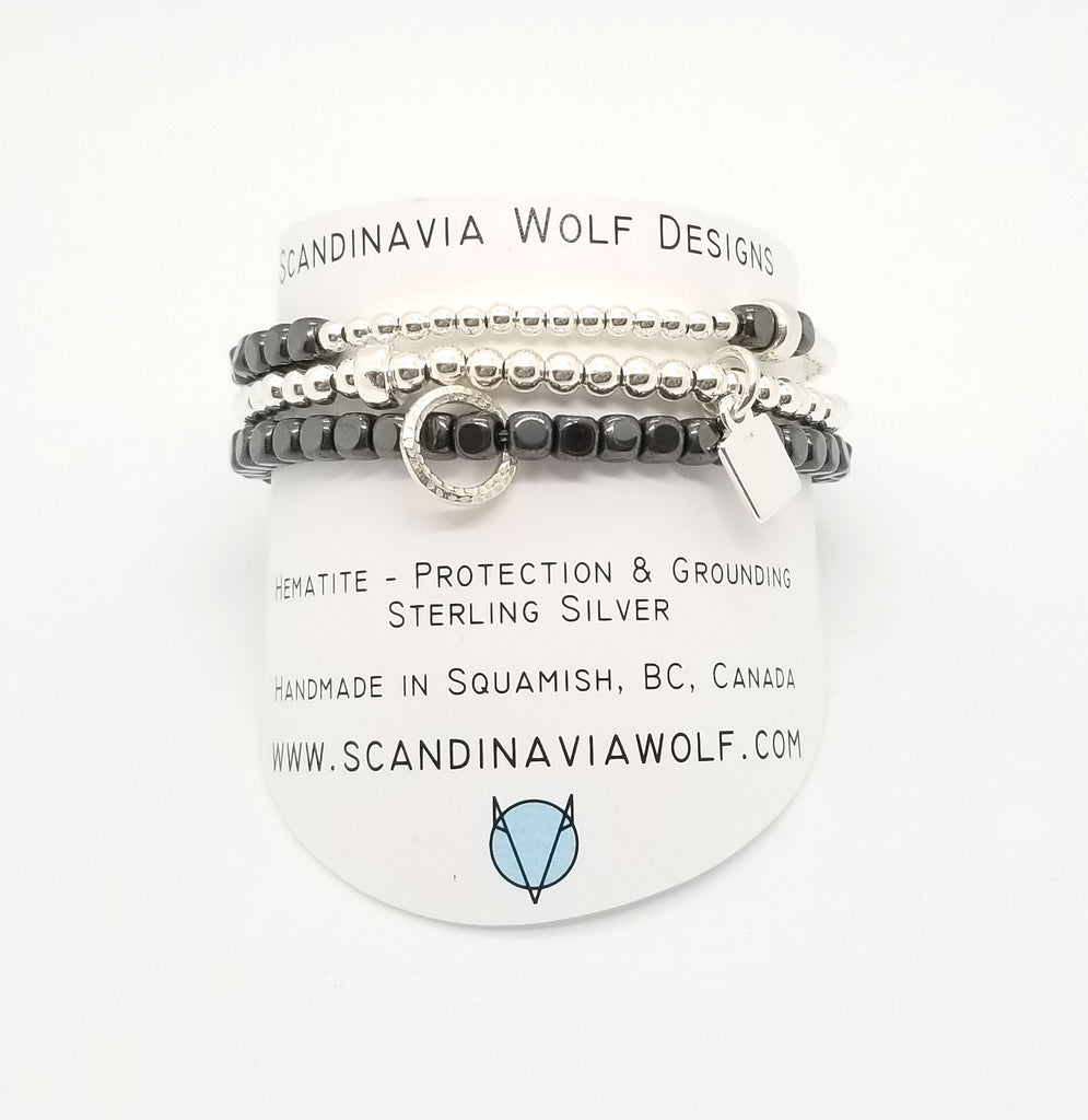 Dark Hematite Silver Bracelet 3 Stack