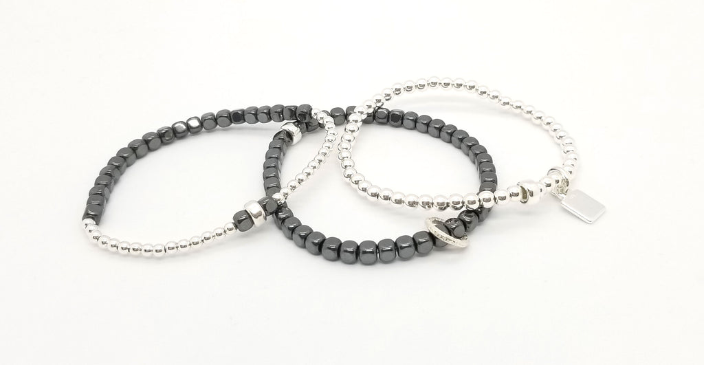 Dark Hematite Silver Bracelet 3 Stack