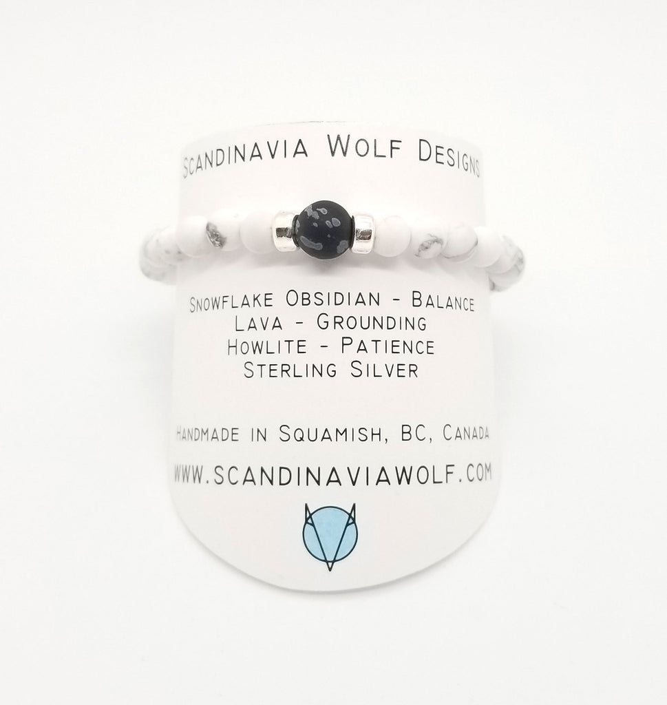 Snowflake Obsidian, Lava, Howlite, Silver Combo Bracelet