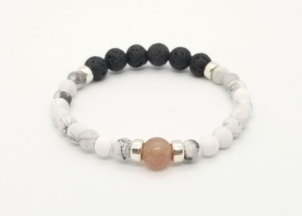 Strawberry Quartz, Lava, Howlite, Silver Combo Bracelet