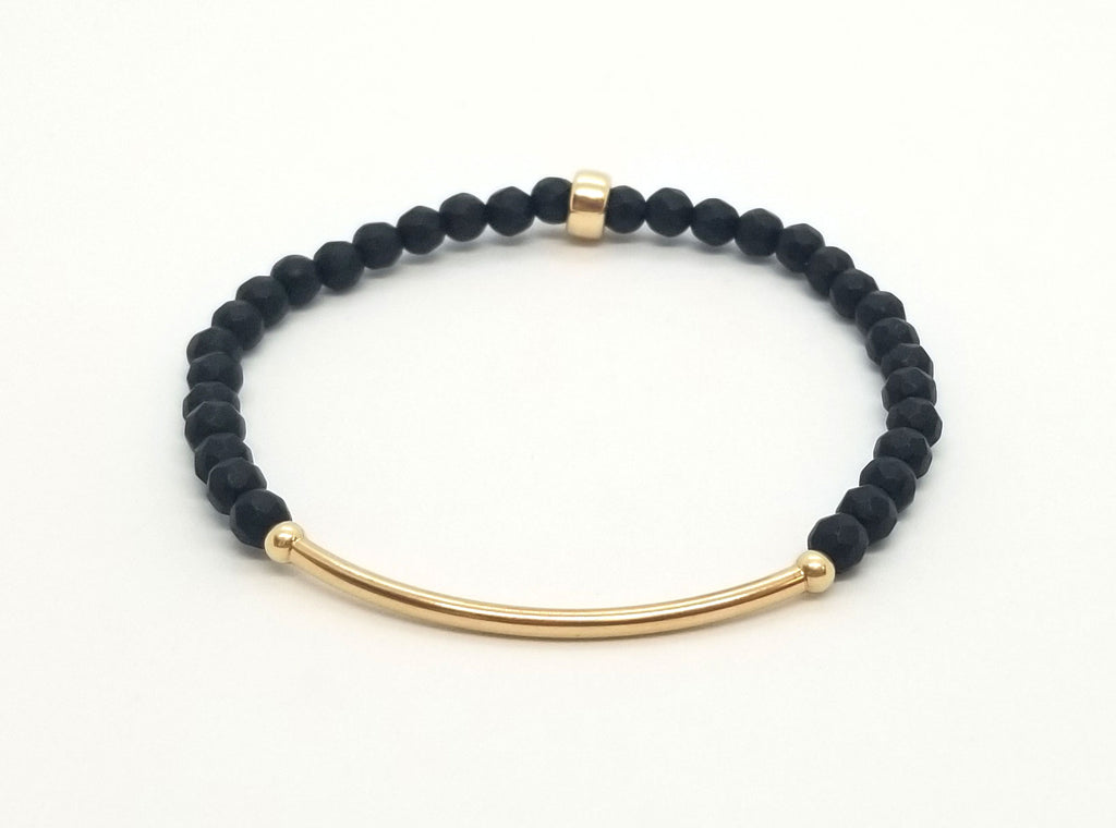 4mm Faceted Matte Onyx with Gold Bar Bracelet