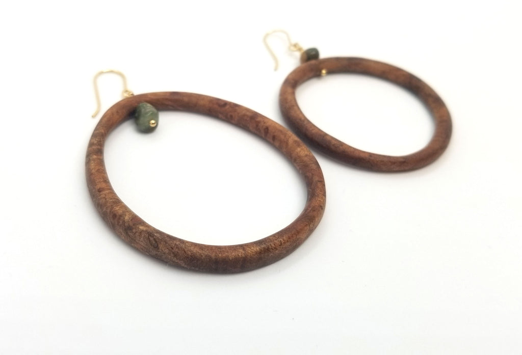The Tobermory - Cherrywood, Jasper and Gold Asymmetrical Hoop Earrings (Message for Purchase)