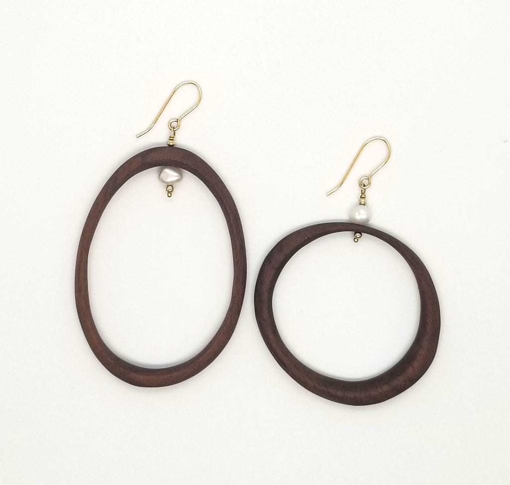 The Kingston - Black Walnut Freshwater Pearl Gold Asymmetrical Hoop Earrings (Message for Purchase)