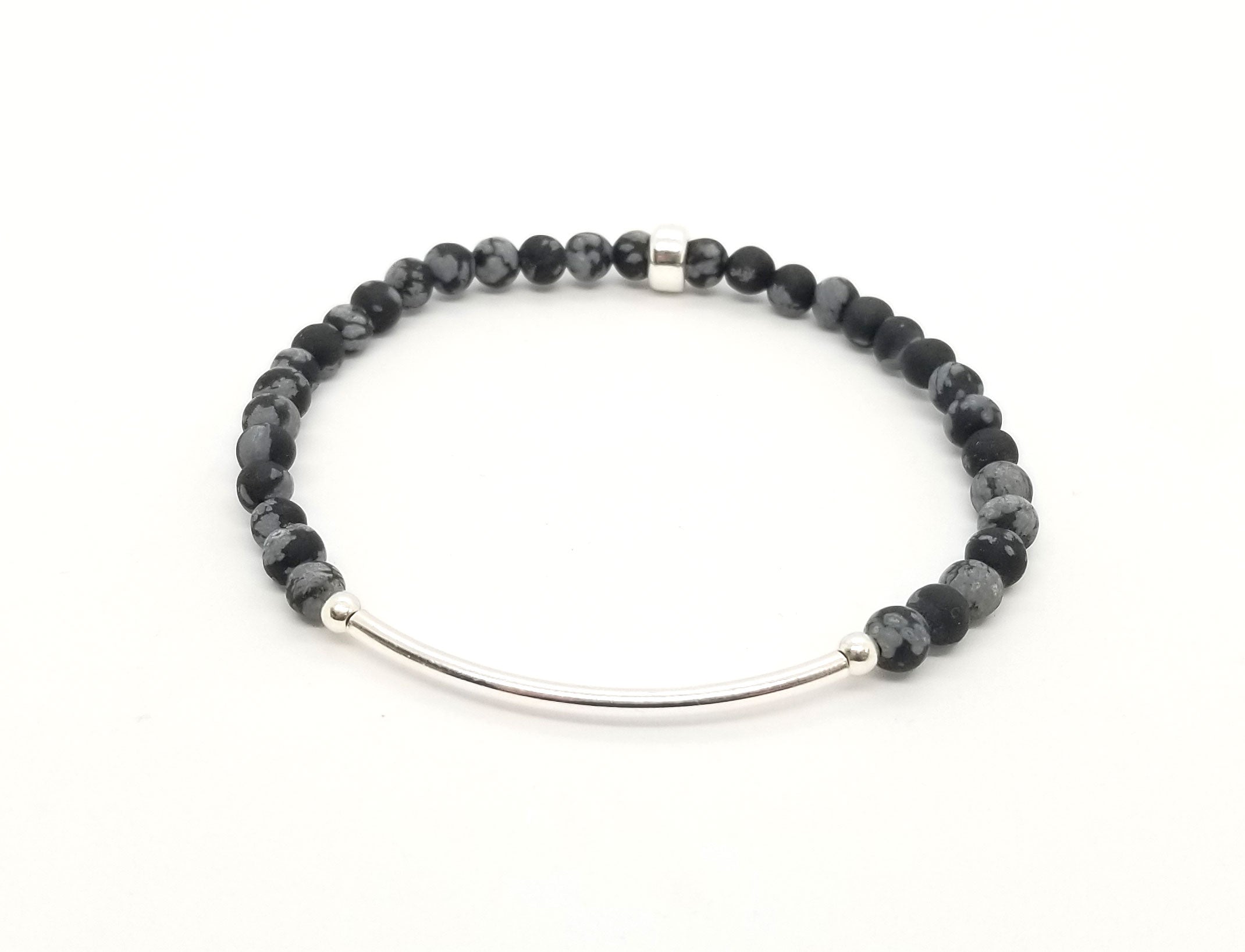 4mm Snowflake Obsidian Silver Bar Bracelet